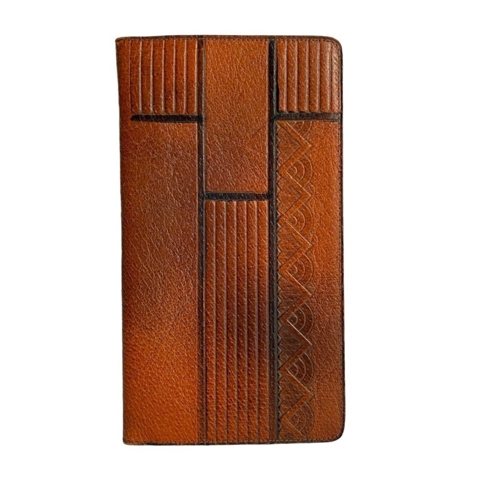Vintage Bosca Long Wallet Pig Skin Tooled Leather Pocket Organizer Notepad‎ Pen